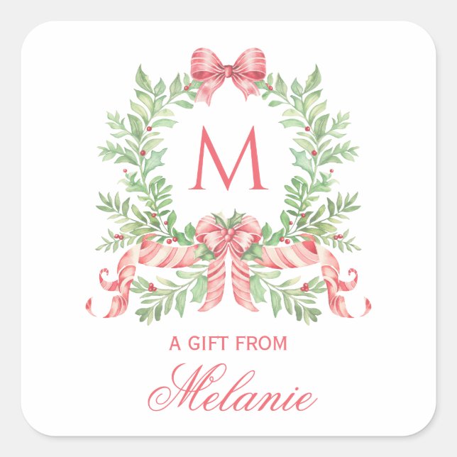 Sticker Carré Christmas Wreath w/ Bow | Monogram (Devant)
