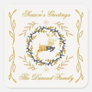 Sticker Carré Christmastime Deer with Wreath Yellow Cream