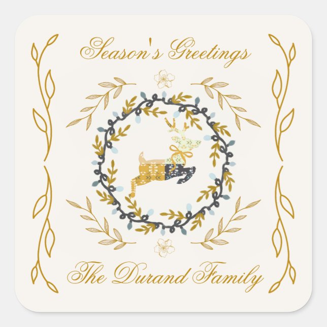 Sticker Carré Christmastime Deer with Wreath Yellow Cream (Devant)
