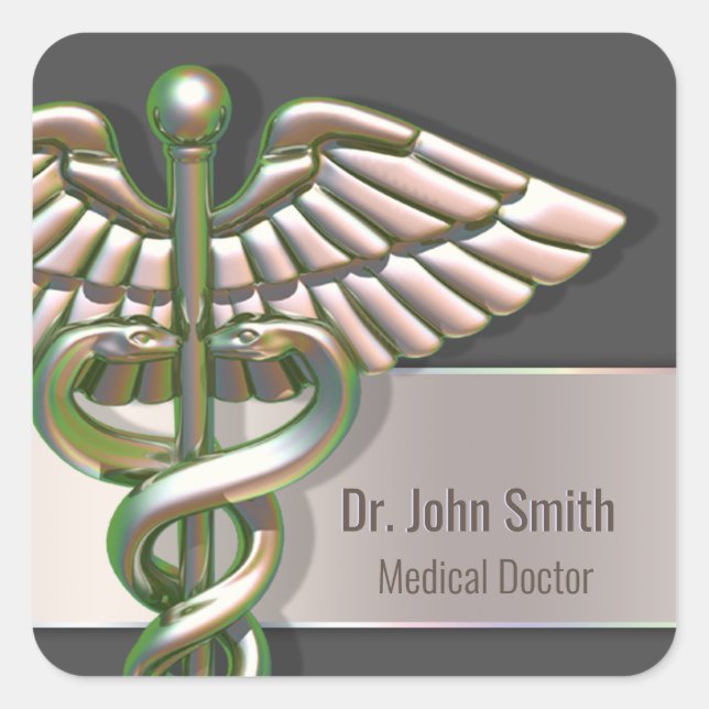 Sticker Carré Chrome Holographique 3D Médicale Caduceus (Devant)