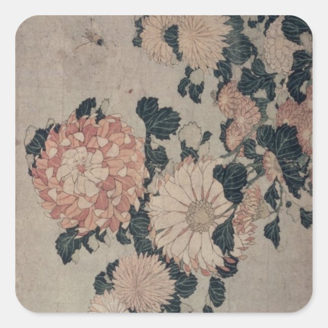 Sticker Carré Chrysanthèmes (bloc de bois couleur) (Devant)
