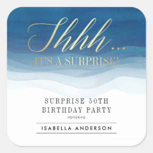 Sticker Carré Chut... Or Et Aquarelle Surprise Anniversaire