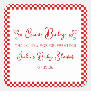 Sticker Carré Ciao Baby! Remerciements pour Baby Shower Rouge It