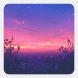 Sticker Carré Ciel nocturne étoilé au-dessus de fleurs sauvages