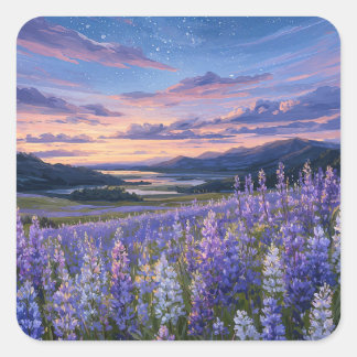 Sticker Carré Ciel nocturne étoilé au-dessus d'une prairie de lu