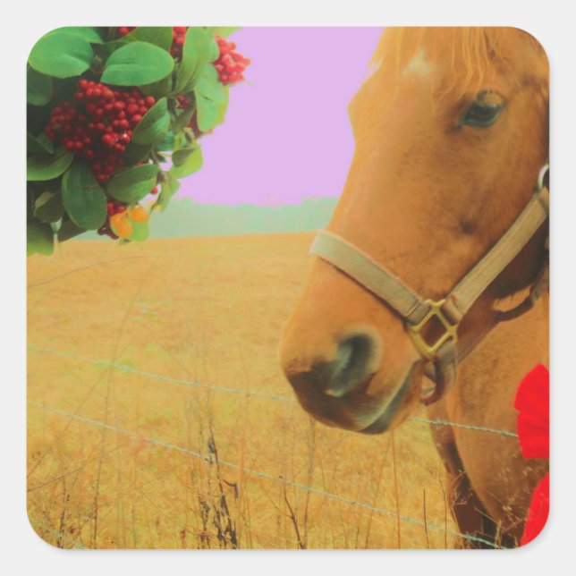 Sticker Carré Ciel rose rétro Cheval de Noël (Devant)