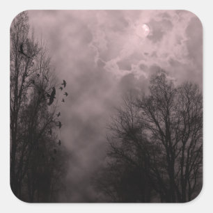 Sticker Carré Ciel rouge sang hanté avec des ravens