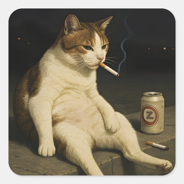 Sticker Carré Cigarette Kitten Funny Smoking Cat Gen Z Meme (Devant)