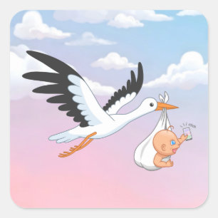 Sticker Carré Cigogne portant un bébé prenant son premier selfie