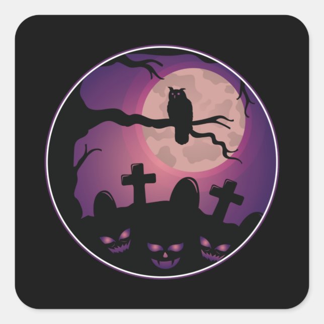 Sticker Carré Cimetière Citrouille Owl Moon Effrayant Halloween  (Devant)