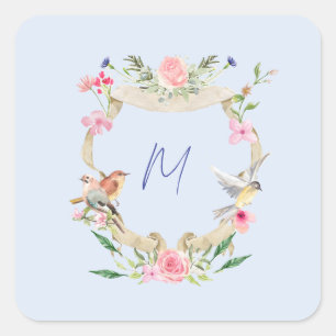 Sticker Carré Cimier floral Monogramme bleu