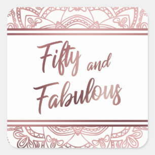 Sticker Carré Cinquante ans et Fabuleux Faux Mandala en Or Rose