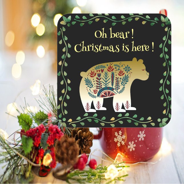 Sticker Carré Citation de Noël de l'Ours d'Or nordique (Nordic Golden Bear Green Frame Christmas Quote Square Sticker)