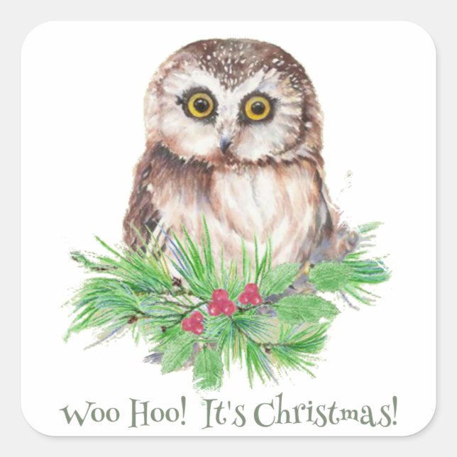 Sticker Carré Citation d'Humour de Noël Cute Owl Bird (Devant)