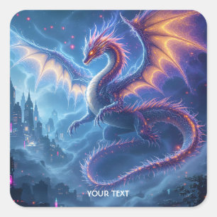 Sticker Carré Cité fantastique du dragon bleu mignon