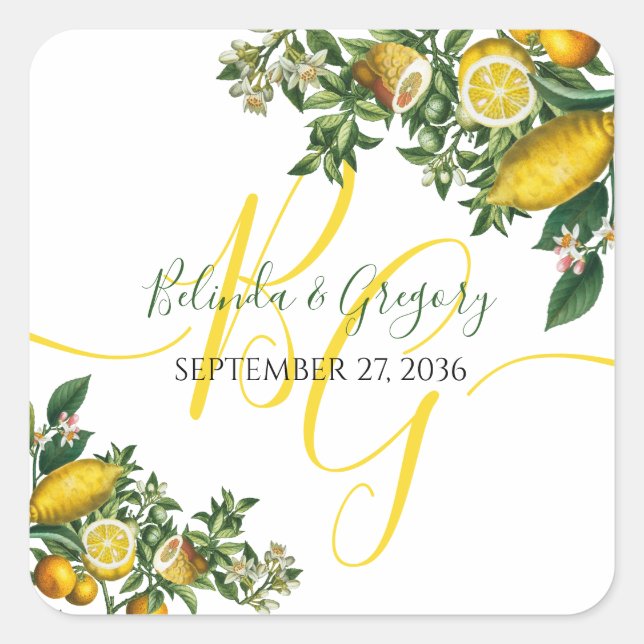 Sticker Carré Citron jaune rustique et feuillage Mariage de verd (Devant)