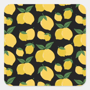 Sticker Carré Citron Motif Fruit Rétro Jaune sur Noir