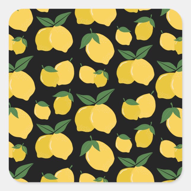 Sticker Carré Citron Motif Fruit Rétro Jaune sur Noir (Devant)