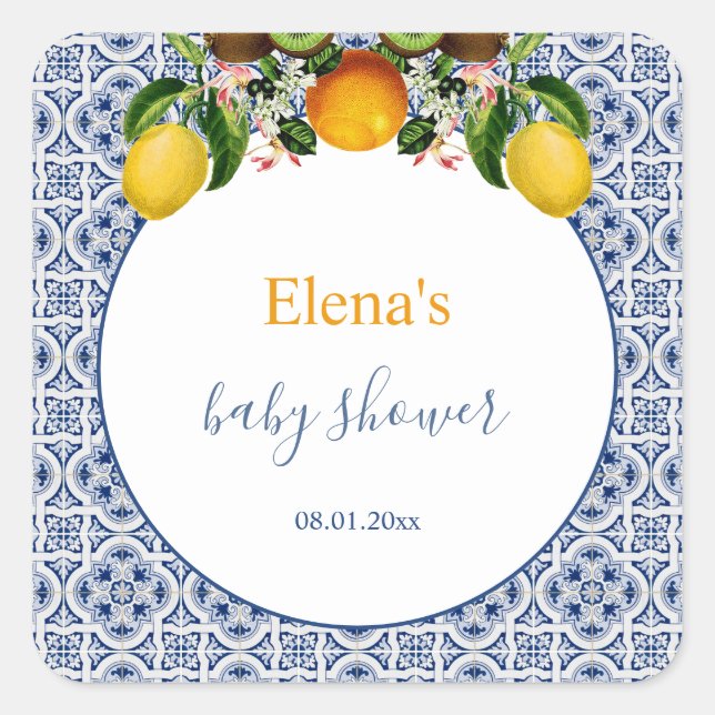 Sticker Carré Citrons d'Italie blanc et bleu Amalfi Baby shower (Devant)