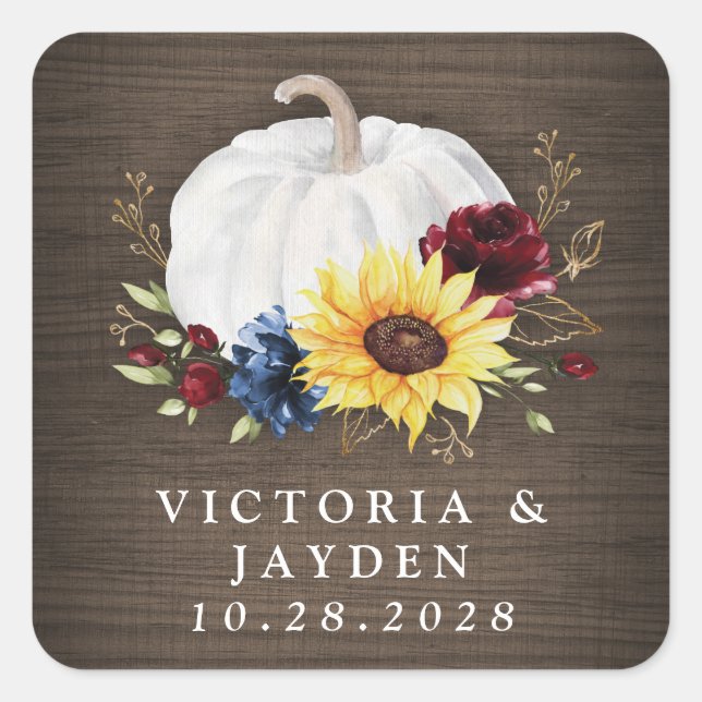 Sticker Carré Citrouille blanc Tournesol Rose Mariage de automne (Devant)