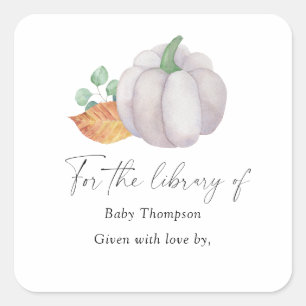 Sticker Carré Citrouille blanche automne - Ex-libris Baby Shower