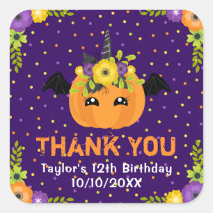 Sticker Carré Citrouille d'Halloween Anniversaire Merci violet C
