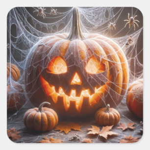 Sticker Carré Citrouille d'Halloween Recouverte De Toiles D'Arai
