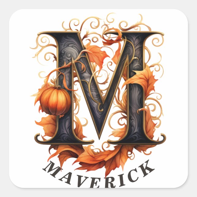 Sticker Carré Citrouille Halloween Nom Lettre M Floral Monogramm (Devant)