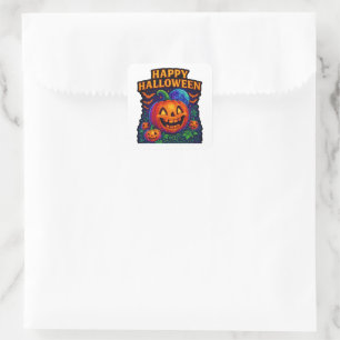 Sticker Carré Citrouille Neon Glow "Happy Halloween"
