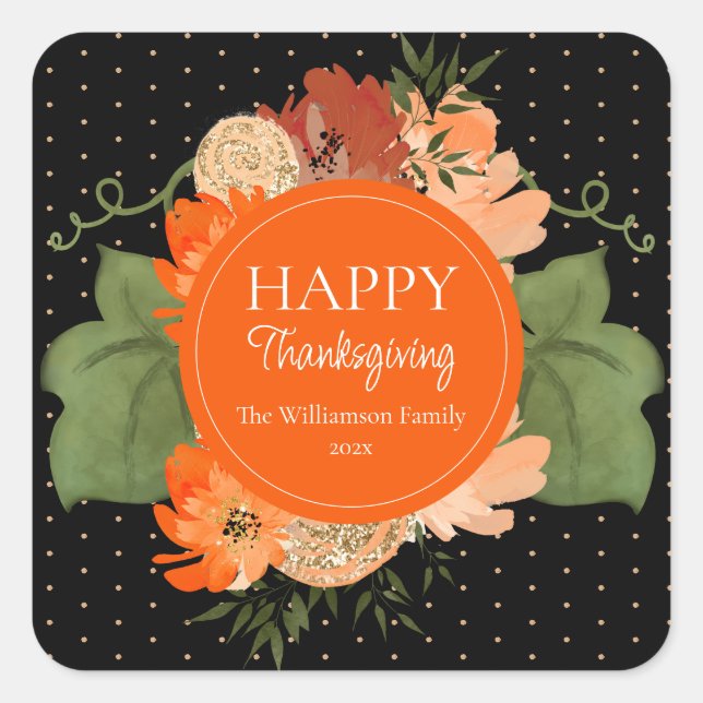 Sticker Carré Citrouille Pailletée Joyeux Thanksgiving Personnal (Devant)