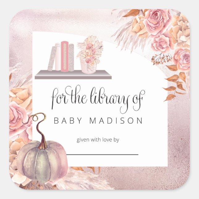 Sticker Carré Citrouille rose Boho | Pampas Grass Baby Bookplate (Devant)