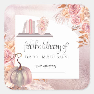 Sticker Carré Citrouille rose Boho   Pampas Grass Baby Bookplate