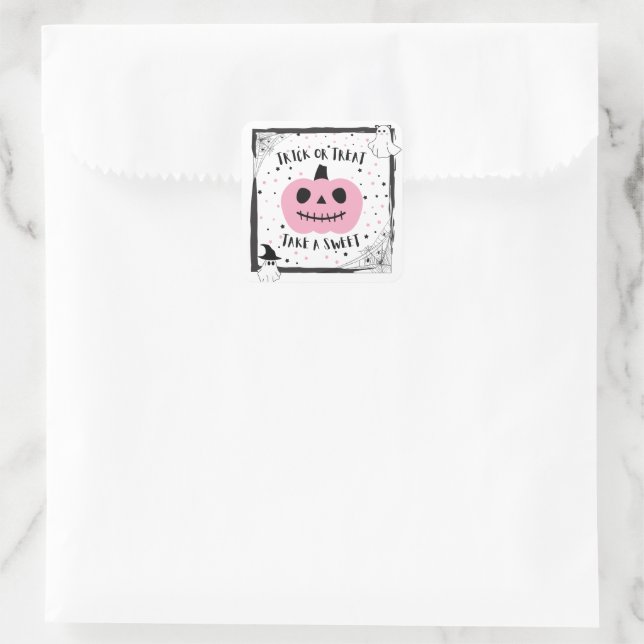 Sticker Carré Citrouille rose bonbon d'Halloween prendre un sucr (Sac)