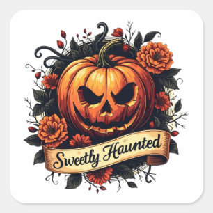 Sticker Carré Citrouille Vintage doucement hanté Halloween flo