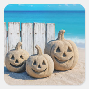 Sticker Carré Citrouilles de sable d'Halloween au bord de la mer