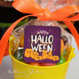 Sticker Carré Citrouilles Drôles Mignonnes Enfants Joyeux Hallow
