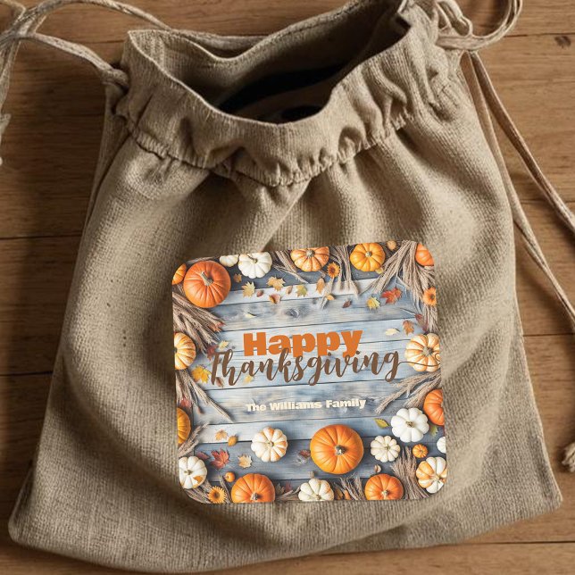 Sticker Carré Citrouilles et Feuilles d'automne sur Wood Thanksg (Créateur téléchargé)