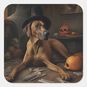 Sticker Carré Citrouilles Rhodesian Ridgeback Halloween Épouvant