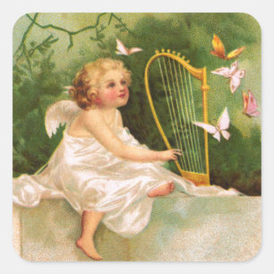 Sticker Carré Clapsaddle : Angel Jouer à la harpe