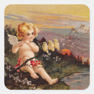 Sticker Carré Clapsaddle : Little Cherub with Flute and Birds