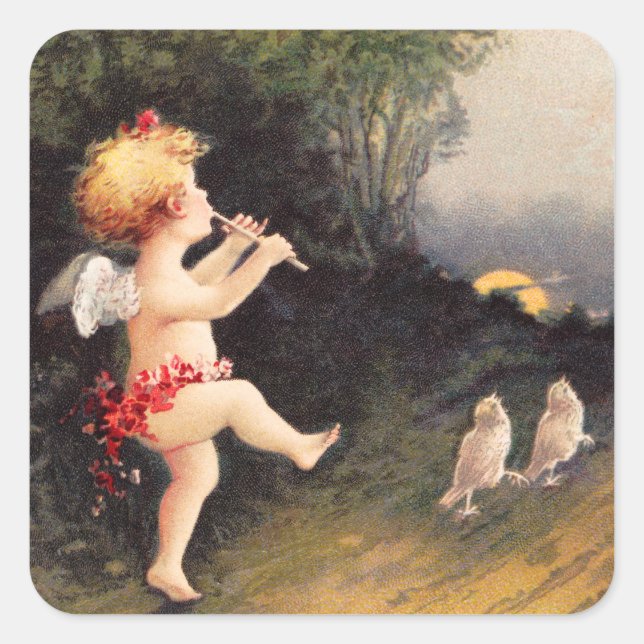 Sticker Carré Clapsaddle : Petit Cherub avec Flûte (Devant)