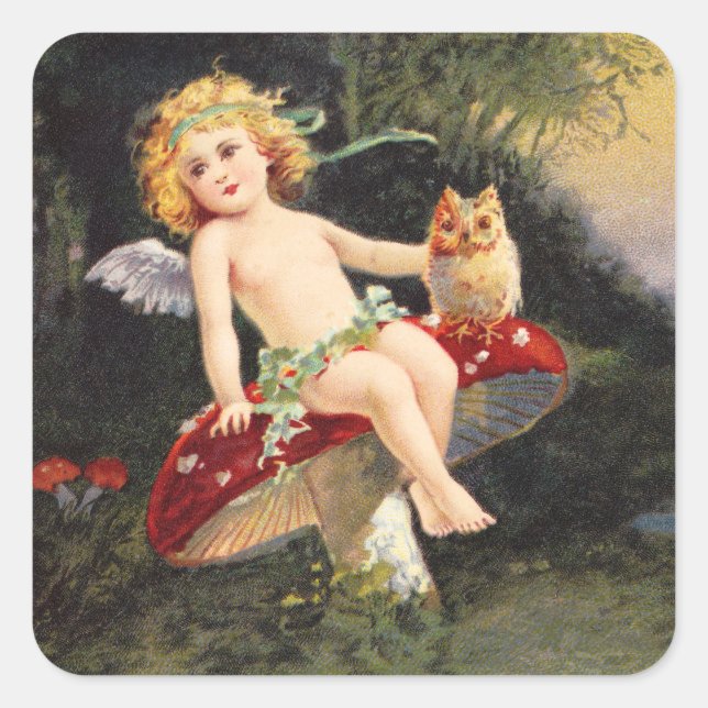 Sticker Carré Clapsaddle : Petit Cherub sur Champignons (Devant)