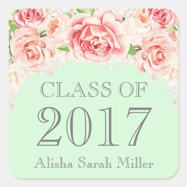 Sticker Carré Classe d'aquarelle rose Mint Graduation de 2017 (Devant)
