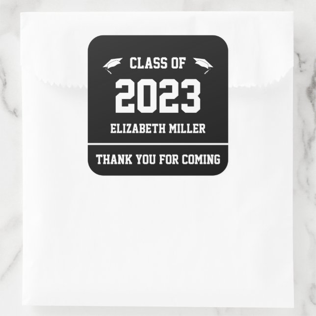 Sticker Carré Classe de 2023 Noir et blanc Favor Graduation (Sac)