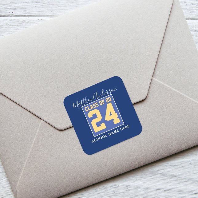 Sticker Carré Classe de 2024 Elégant Royal Blue & Gold Graduatio (Créateur téléchargé)
