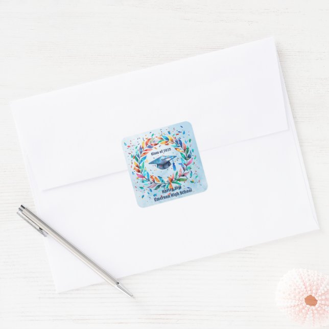 Sticker Carré Classe de 2025 Son Grad Casquette Floral (Enveloppe)