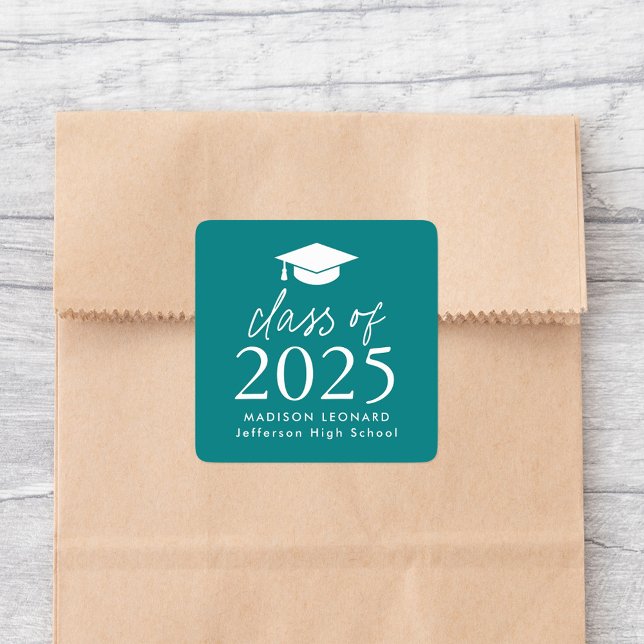 Sticker Carré Classe moderne de 2025 Script Graduation Turquoise (Créateur téléchargé)