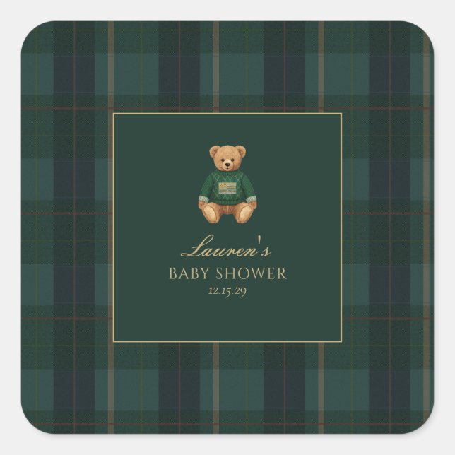 Sticker Carré Classic Green Plaid Bear Baby Shower  (Devant)