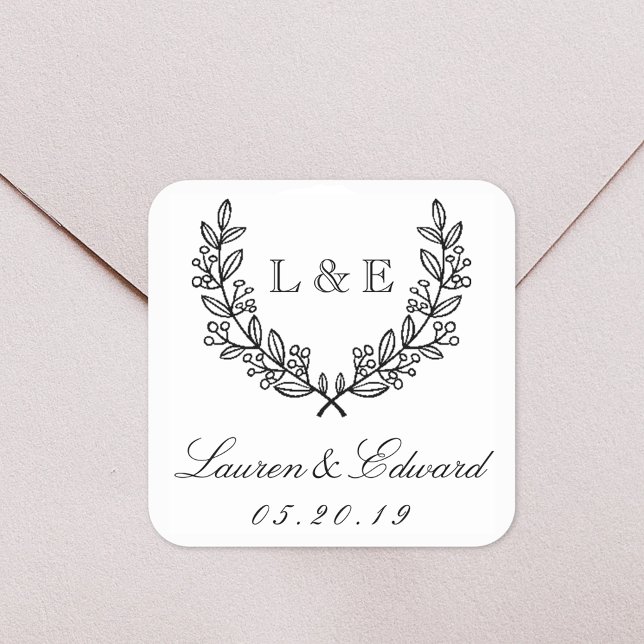 Sticker Carré Classic Laurel Mariage Monogramme initial (Créateur téléchargé)