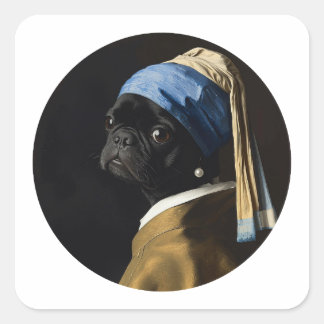 Sticker Carré Classic Pearl Portrait–Inspired Black Pug Art 